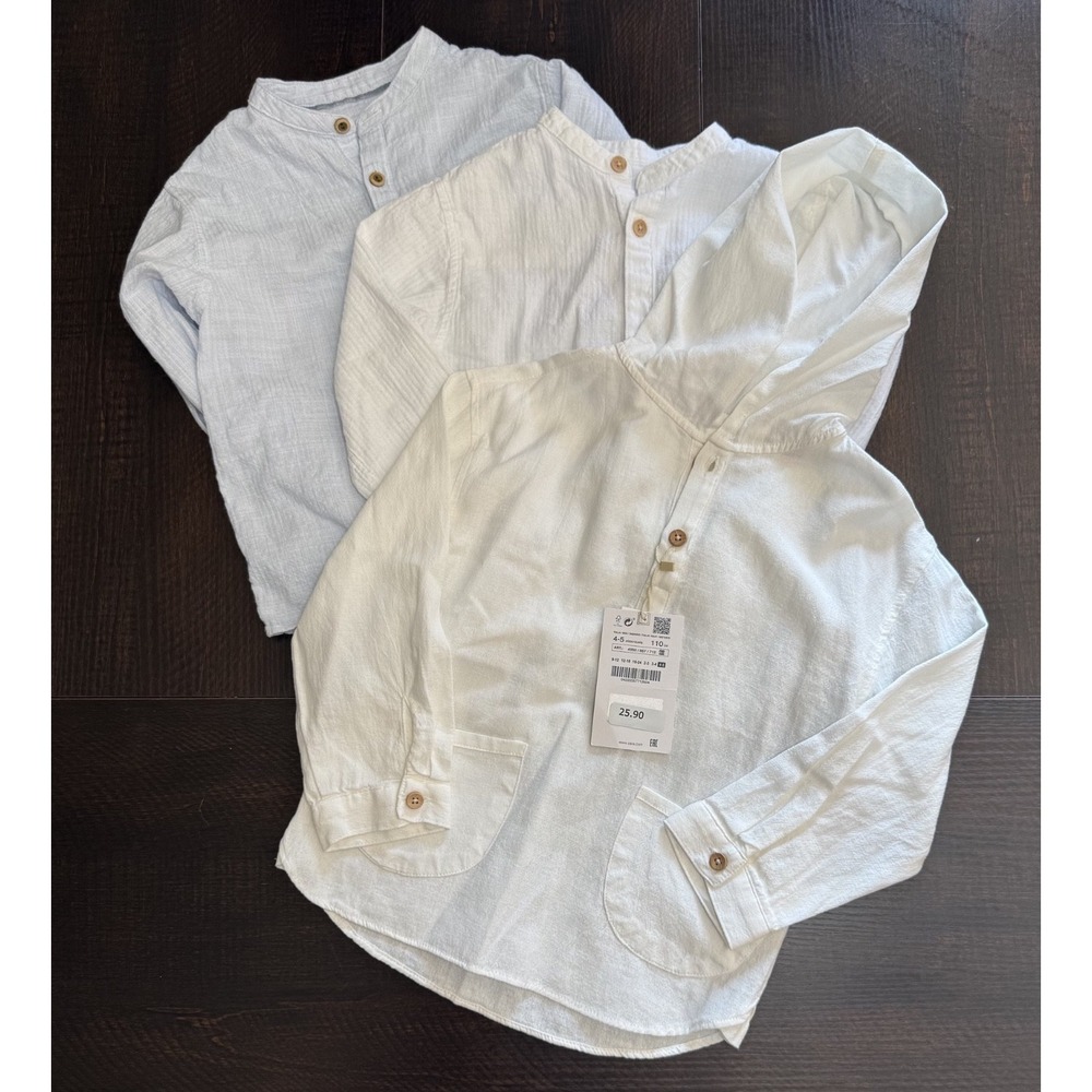 Zara Boys Lot of 3 Long Sleeve Linen Look Shirts Hoodie Size 4-5T White Blue